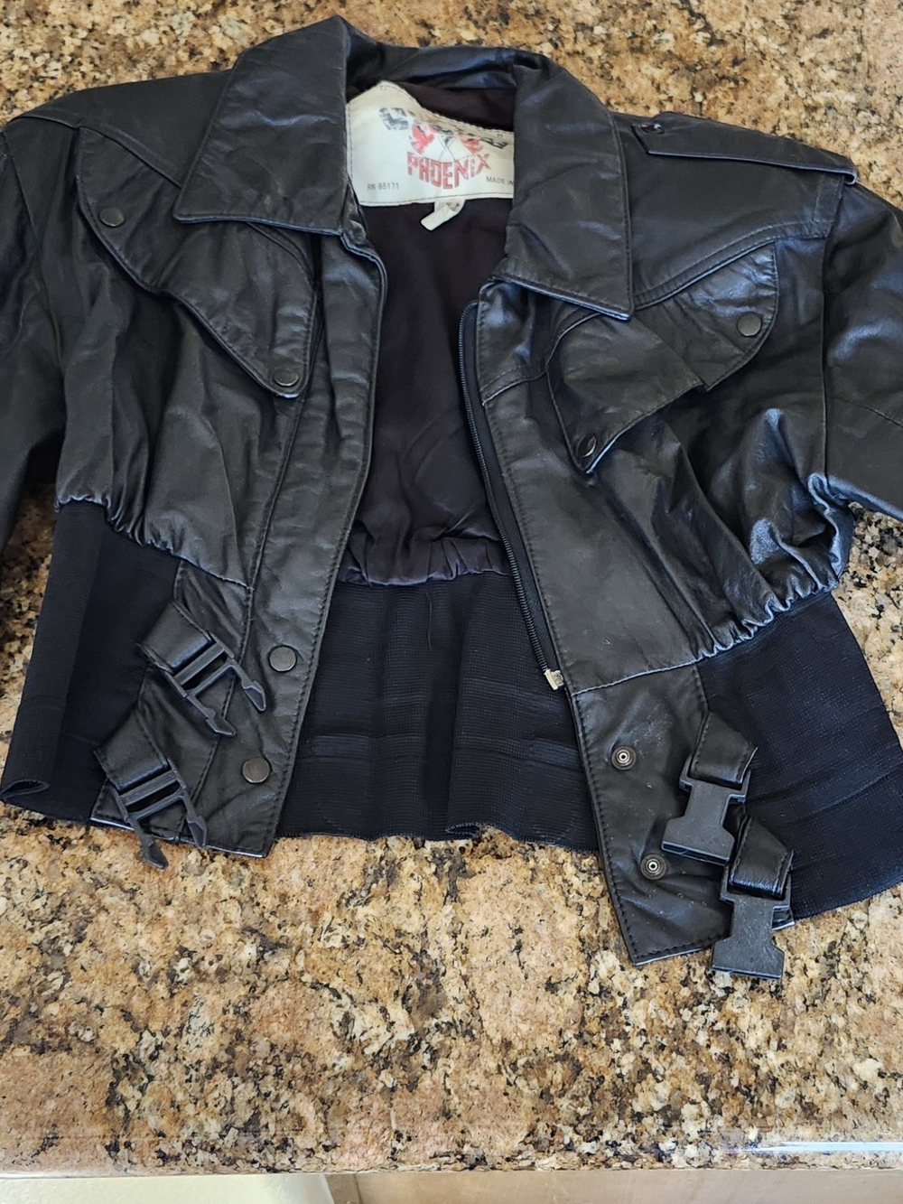 Phenix Black Cropped Women’s Leather Jacket with Buckle Details Elastic waist S